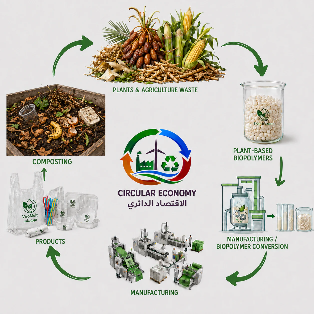 Circular-economy cycle: plants and agricultural residues, plant-based biopolymers, biopolymer conversion, manufacturing, products, and composting.